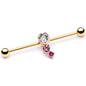 14 Gauge Clear Pink Red Gem Gold Tone Heart Industrial Barbell 38mm