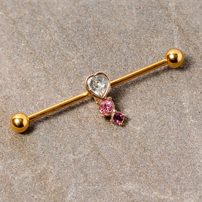 14 Gauge Clear Pink Red Gem Gold Tone Heart Industrial Barbell 38mm