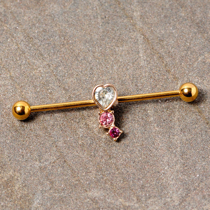 14 Gauge Clear Pink Red Gem Gold Tone Heart Industrial Barbell 38mm