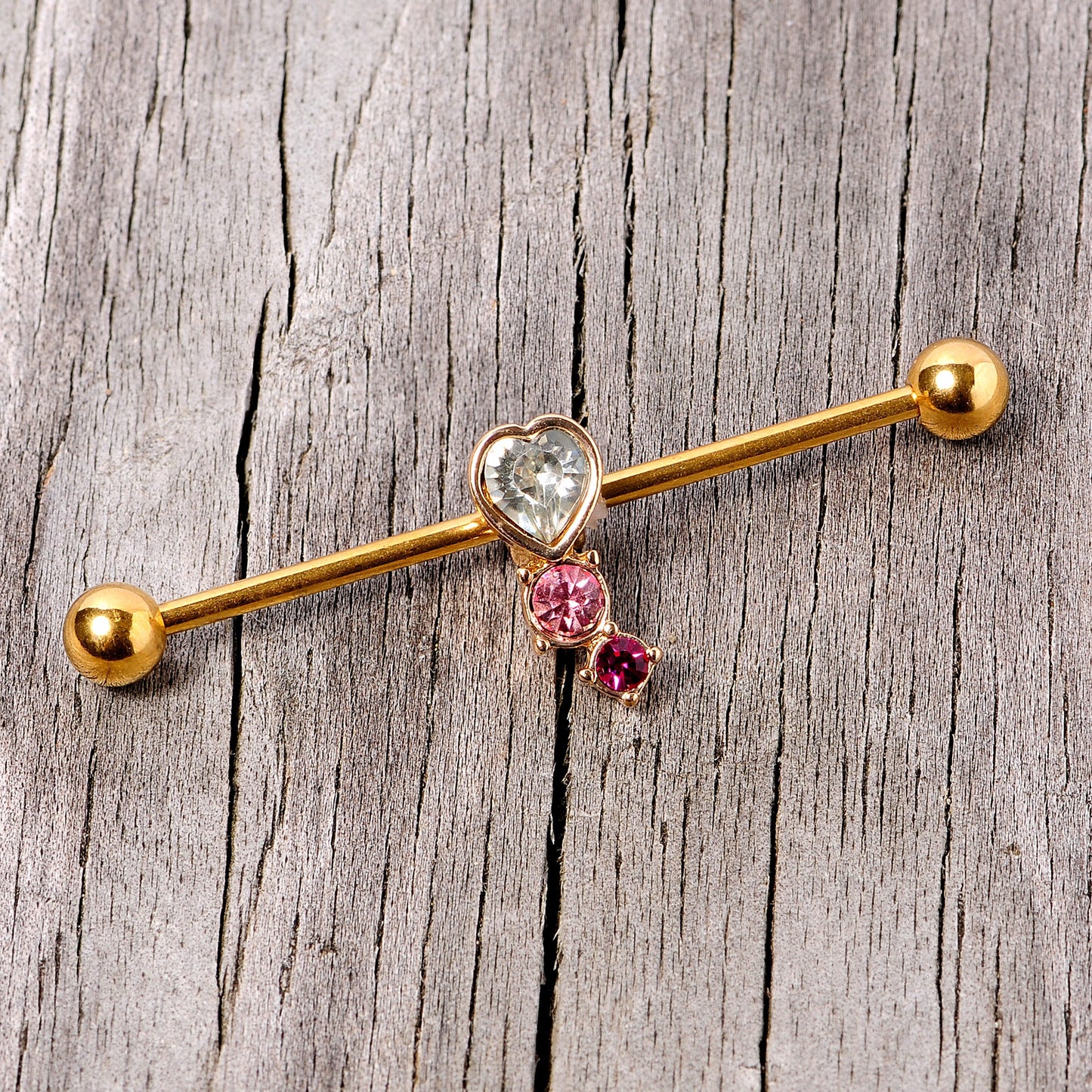 14 Gauge Clear Pink Red Gem Gold Tone Heart Industrial Barbell 38mm