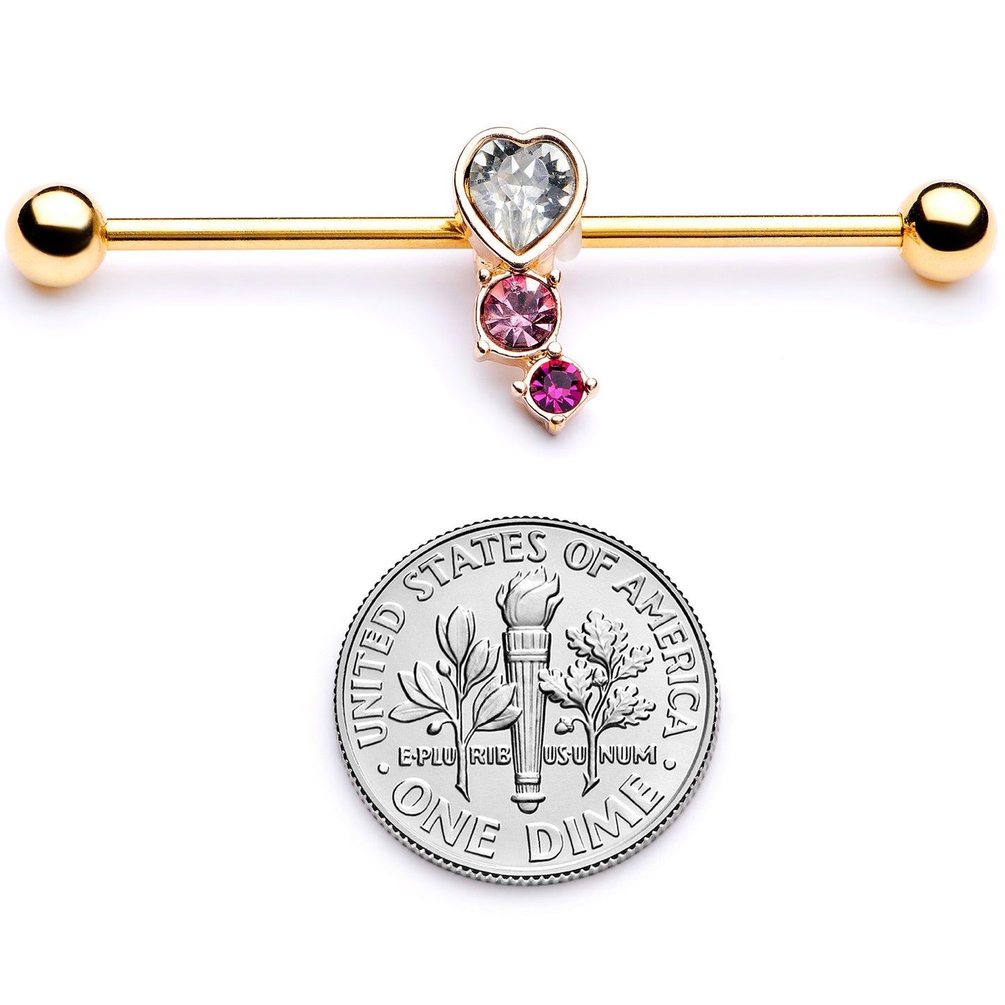 14 Gauge Clear Pink Red Gem Gold Tone Heart Industrial Barbell 38mm