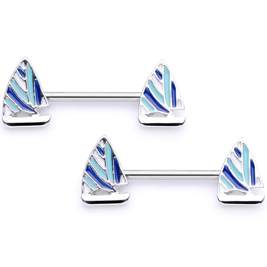 14 Gauge 9/16 Blue White Nautical Sailboat Barbell Nipple Ring Set