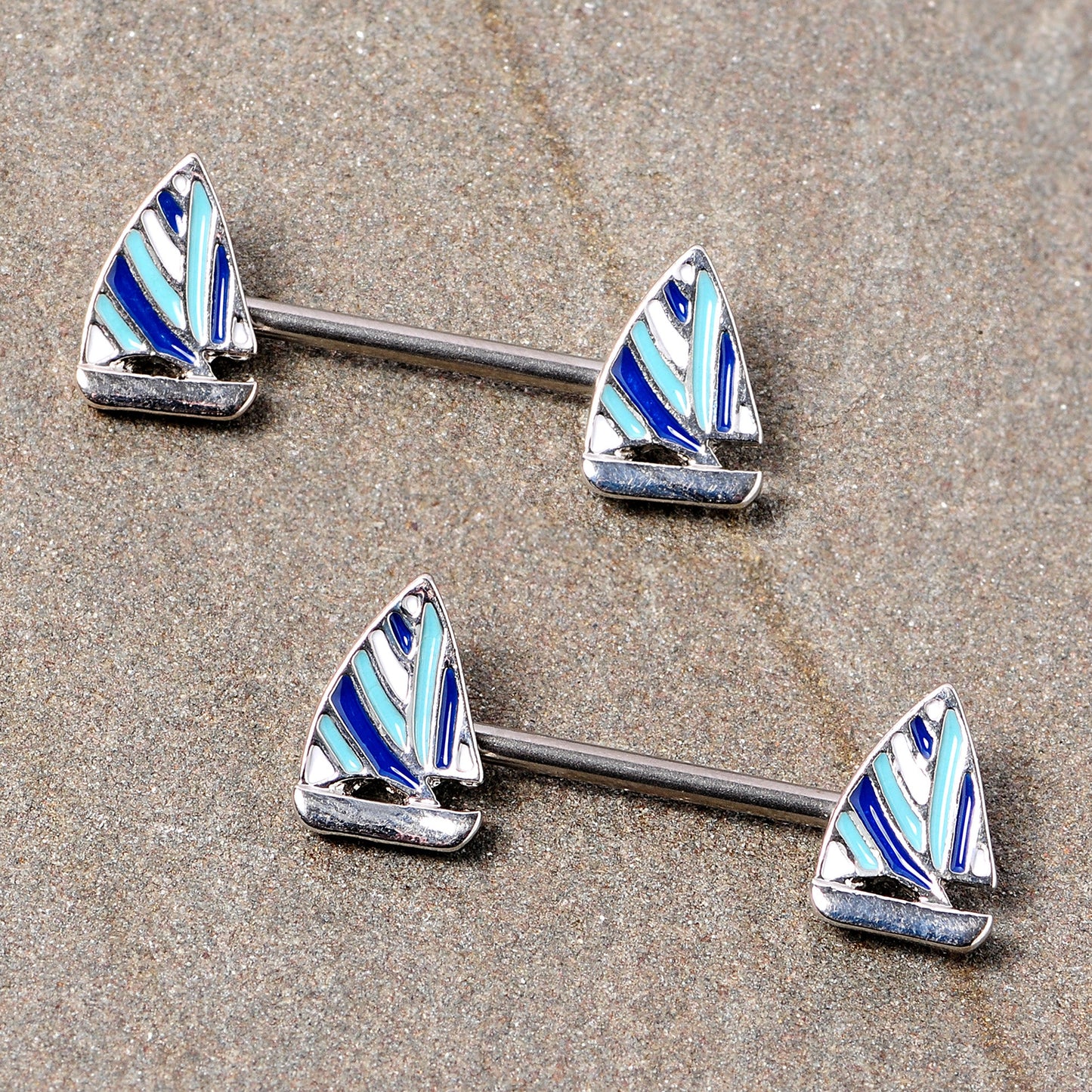 14 Gauge 9/16 Blue White Nautical Sailboat Barbell Nipple Ring Set