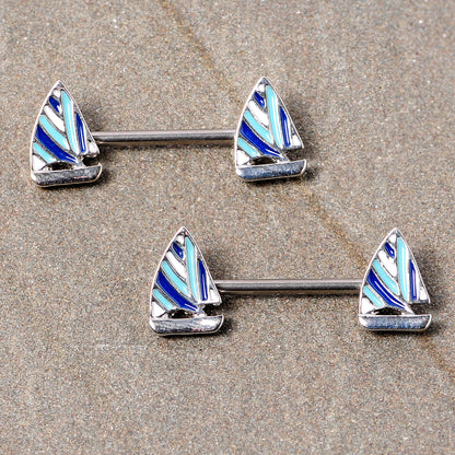 14 Gauge 9/16 Blue White Nautical Sailboat Barbell Nipple Ring Set