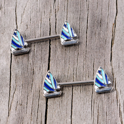 14 Gauge 9/16 Blue White Nautical Sailboat Barbell Nipple Ring Set