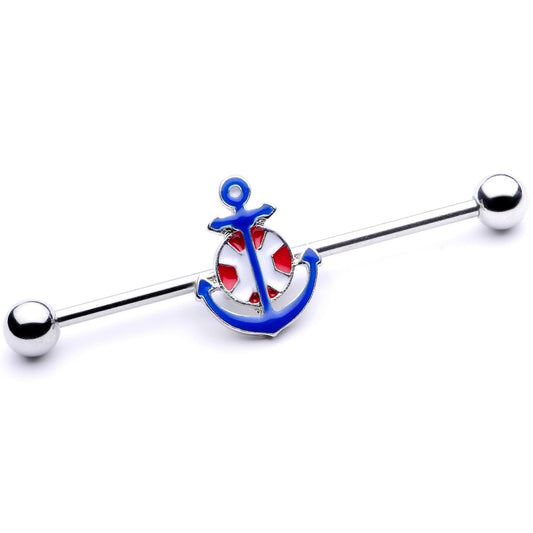 14 Gauge Blue Red Life Ring Anchor Nautical Industrial Barbell 38mm