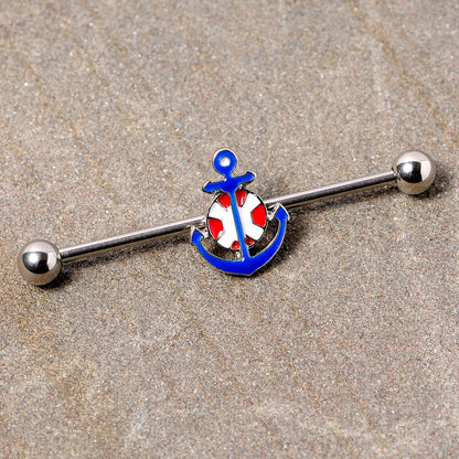 14 Gauge Blue Red Life Ring Anchor Nautical Industrial Barbell 38mm