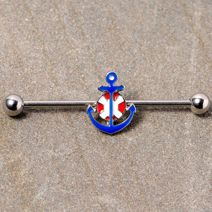 14 Gauge Blue Red Life Ring Anchor Nautical Industrial Barbell 38mm