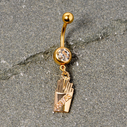 Clear Gem Gold Tone Fast Food French Fries Dangle Belly Ring