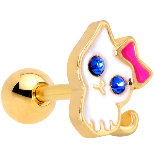 16 Gauge 1/4 Blue Gem Gold Tone Sweet Kitty Cat Cartilage Tragus