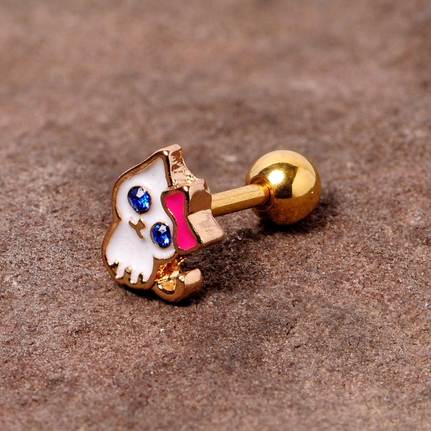 16 Gauge 1/4 Blue Gem Gold Tone Sweet Kitty Cat Cartilage Tragus