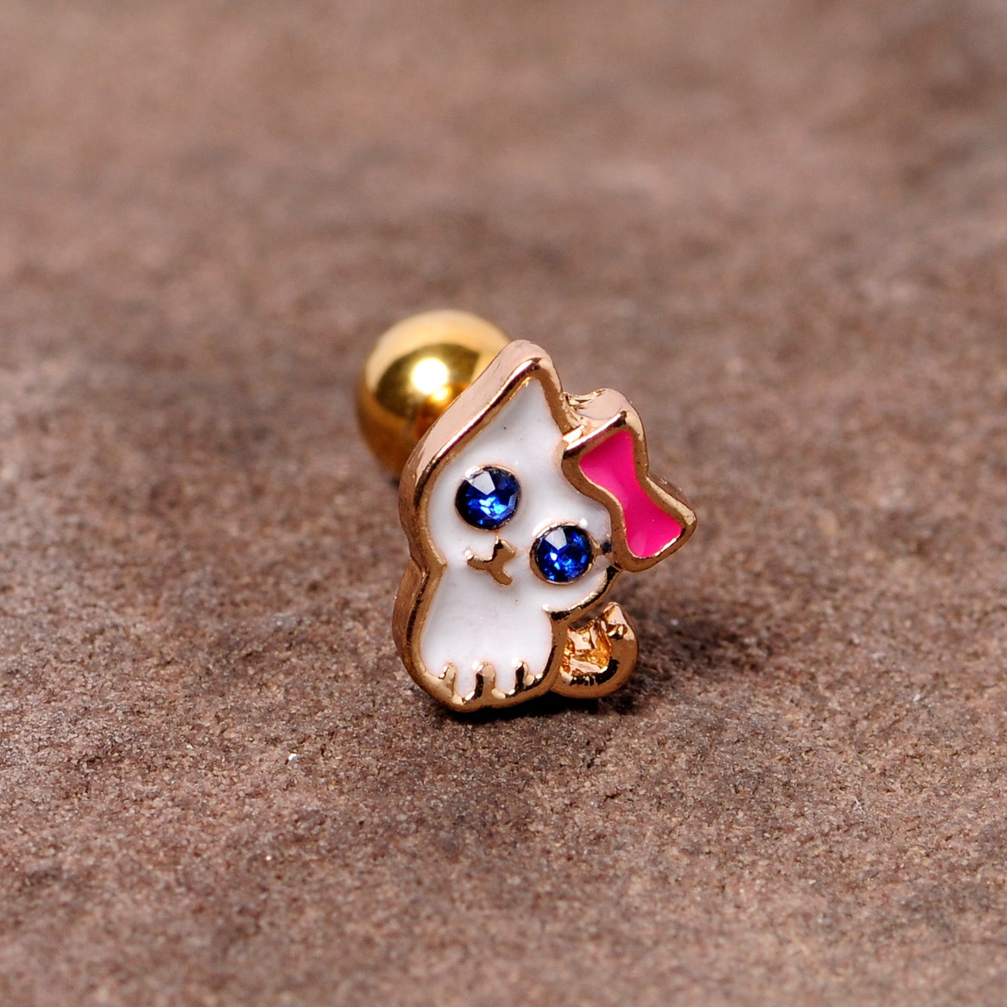 16 Gauge 1/4 Blue Gem Gold Tone Sweet Kitty Cat Cartilage Tragus