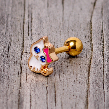 16 Gauge 1/4 Blue Gem Gold Tone Sweet Kitty Cat Cartilage Tragus