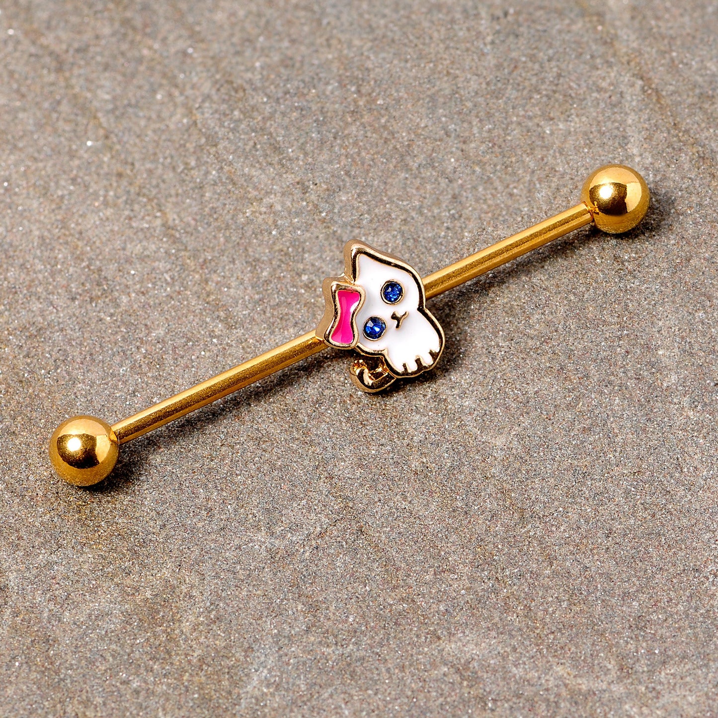 14 Gauge Blue Gem Gold Tone Sweet Kitty Cat Industrial Barbell 38mm