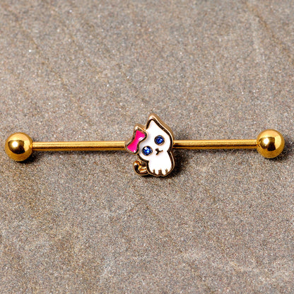 14 Gauge Blue Gem Gold Tone Sweet Kitty Cat Industrial Barbell 38mm