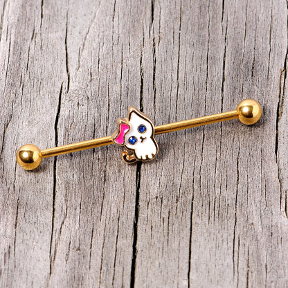 14 Gauge Blue Gem Gold Tone Sweet Kitty Cat Industrial Barbell 38mm