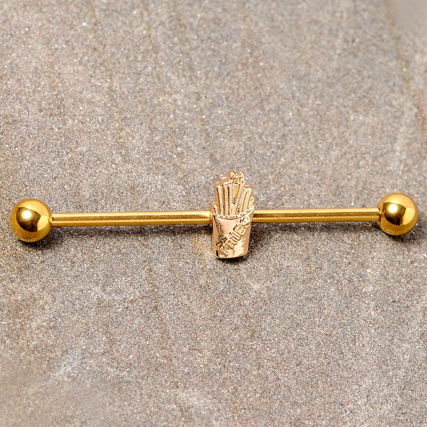 14 Gauge Gold Tone Fast Food French Fries Industrial Barbell 38mm