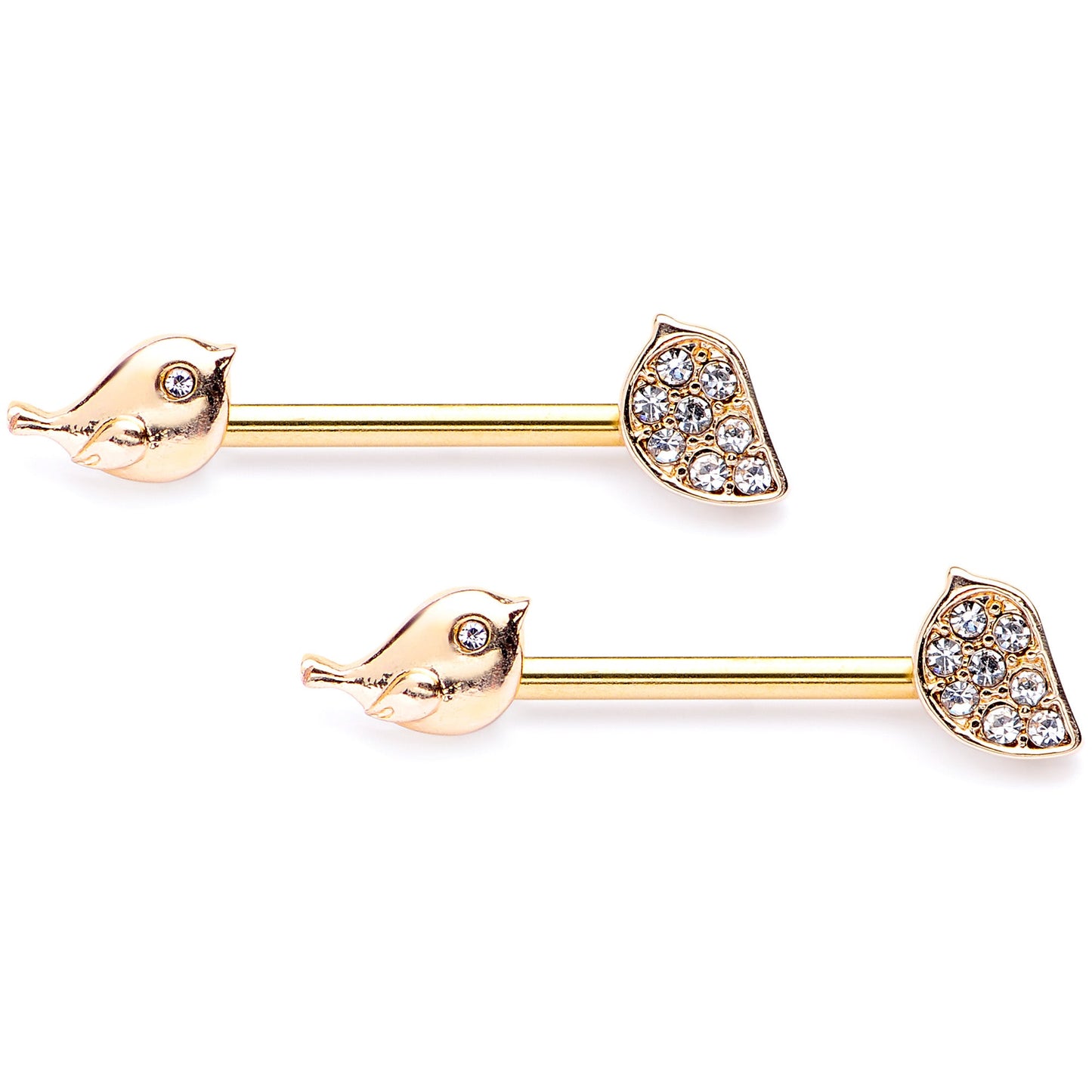 14 Gauge 9/16 Clear Gem Gold Tone Little Birds Barbell Nipple Ring Set