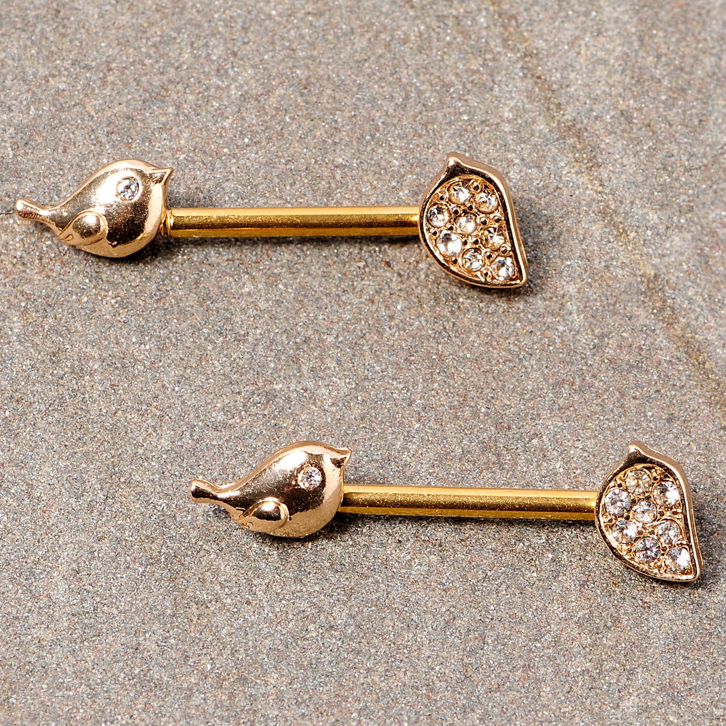 14 Gauge 9/16 Clear Gem Gold Tone Little Birds Barbell Nipple Ring Set