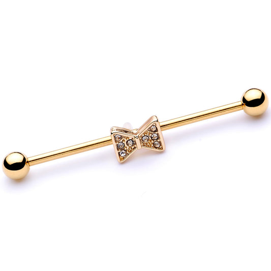 14 Gauge Clear Gem Gold Tone Bow Tie Industrial Barbell 38mm