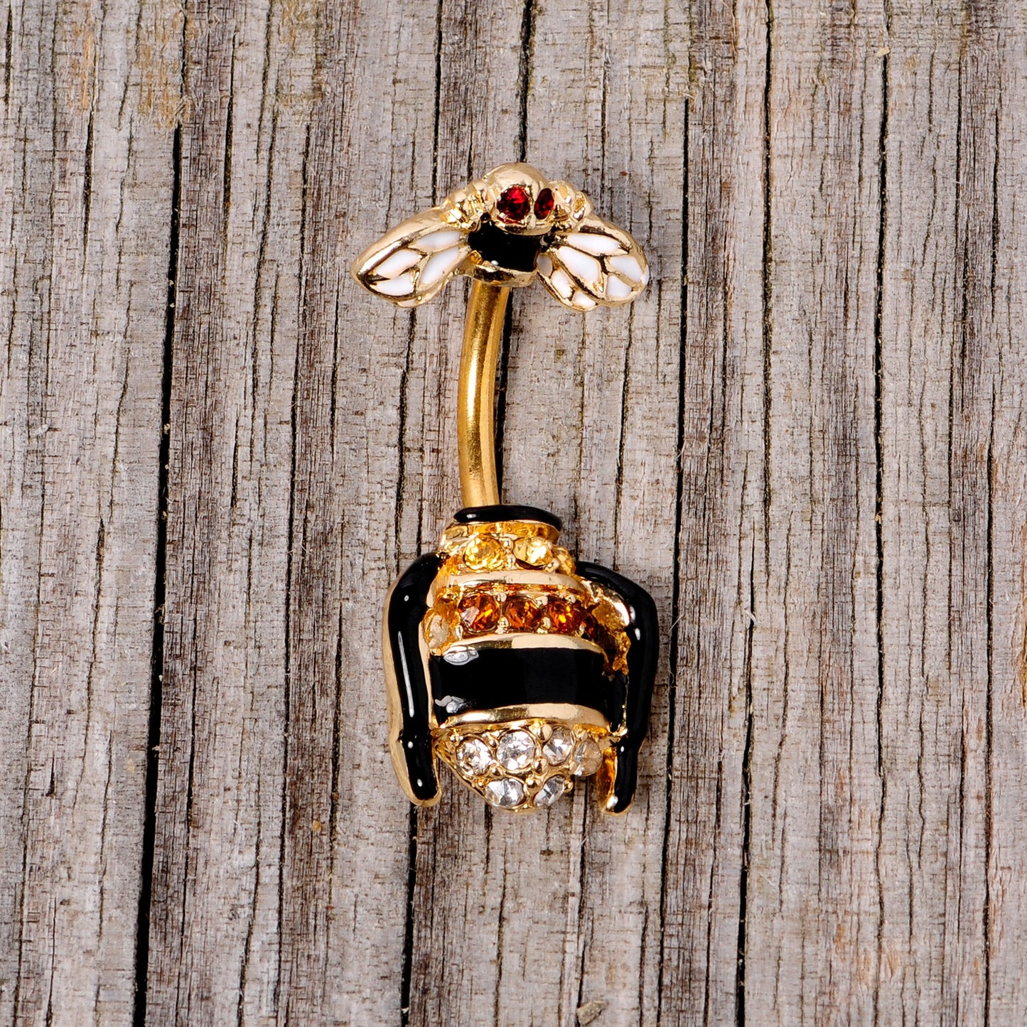 Clear Black Yellow Gem Gold Tone Bee Double Mount Belly Ring