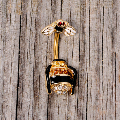 Clear Black Yellow Gem Gold Tone Bee Double Mount Belly Ring