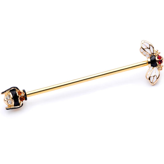 14 Gauge Clear Black Yellow Gem Gold Tone Bee Industrial Barbell 38mm