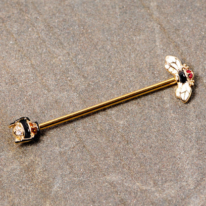 14 Gauge Clear Black Yellow Gem Gold Tone Bee Industrial Barbell 38mm