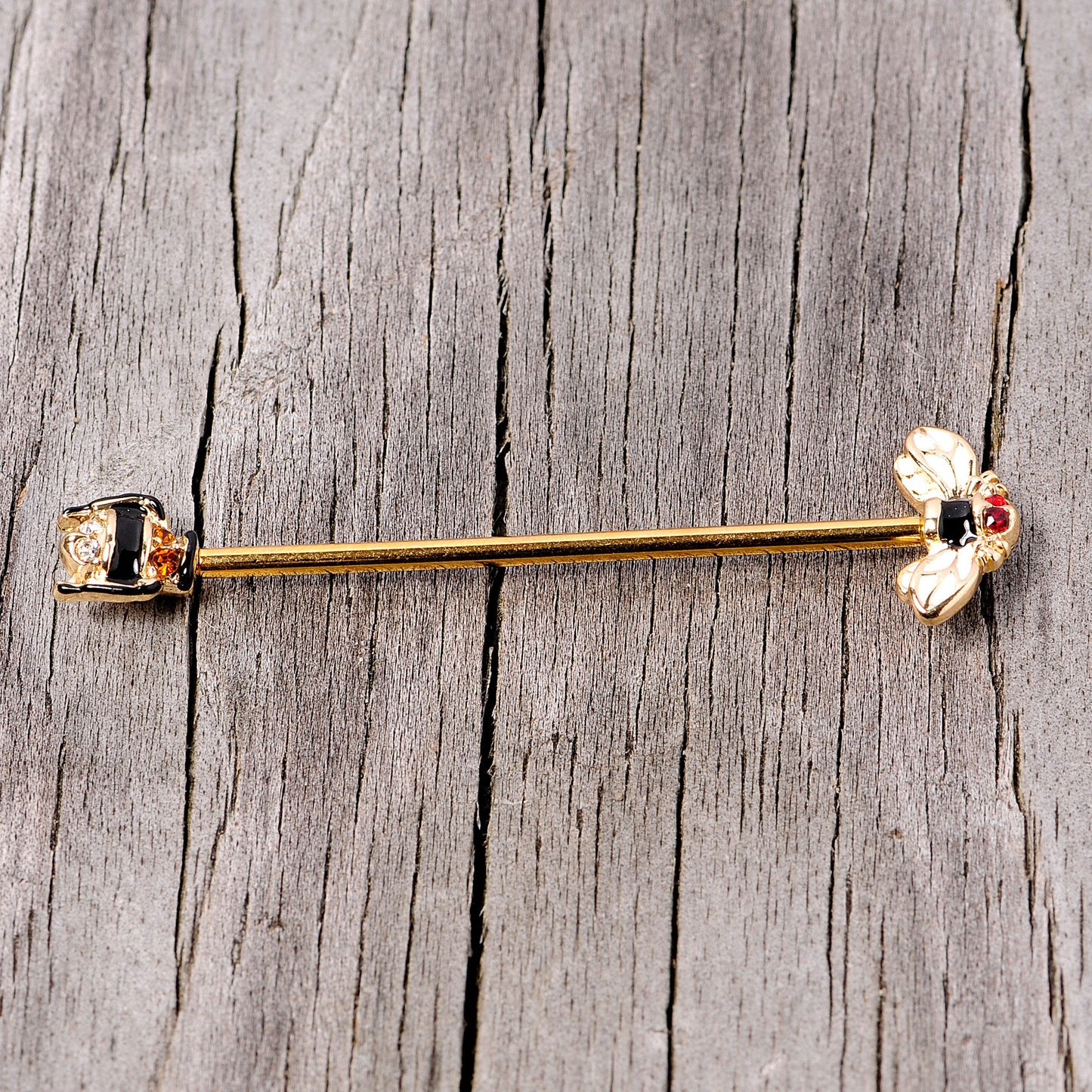 14 Gauge Clear Black Yellow Gem Gold Tone Bee Industrial Barbell 38mm