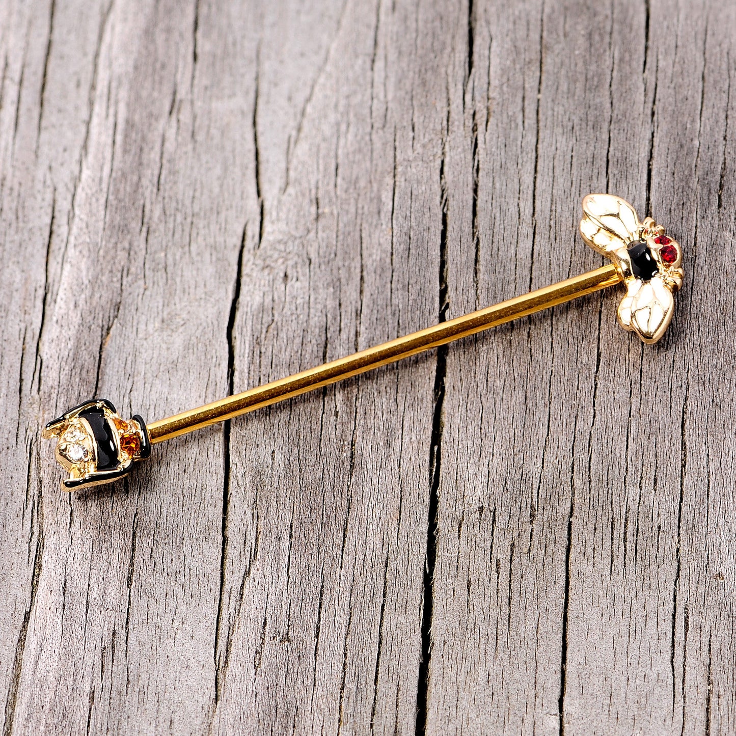 14 Gauge Clear Black Yellow Gem Gold Tone Bee Industrial Barbell 38mm