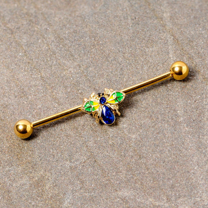 14 Gauge Blue Gem Gold Tone Colorful Bee Industrial Barbell 38mm