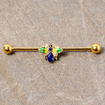 14 Gauge Blue Gem Gold Tone Colorful Bee Industrial Barbell 38mm