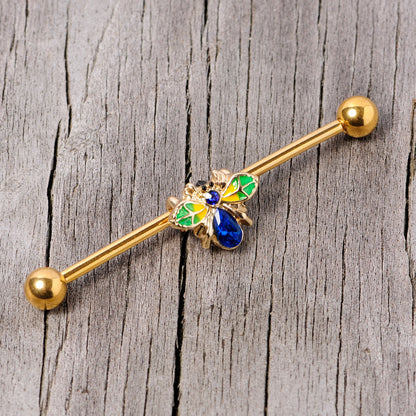 14 Gauge Blue Gem Gold Tone Colorful Bee Industrial Barbell 38mm