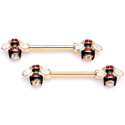 14 Gauge 9/16 Clear Yellow Gem Gold Tone Bee Barbell Nipple Ring Set