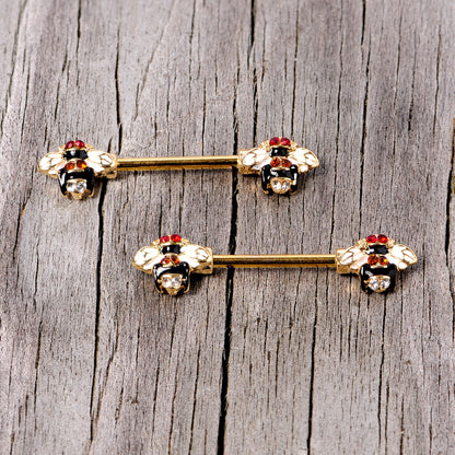 14 Gauge 9/16 Clear Yellow Gem Gold Tone Bee Barbell Nipple Ring Set