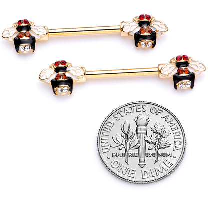 14 Gauge 9/16 Clear Yellow Gem Gold Tone Bee Barbell Nipple Ring Set