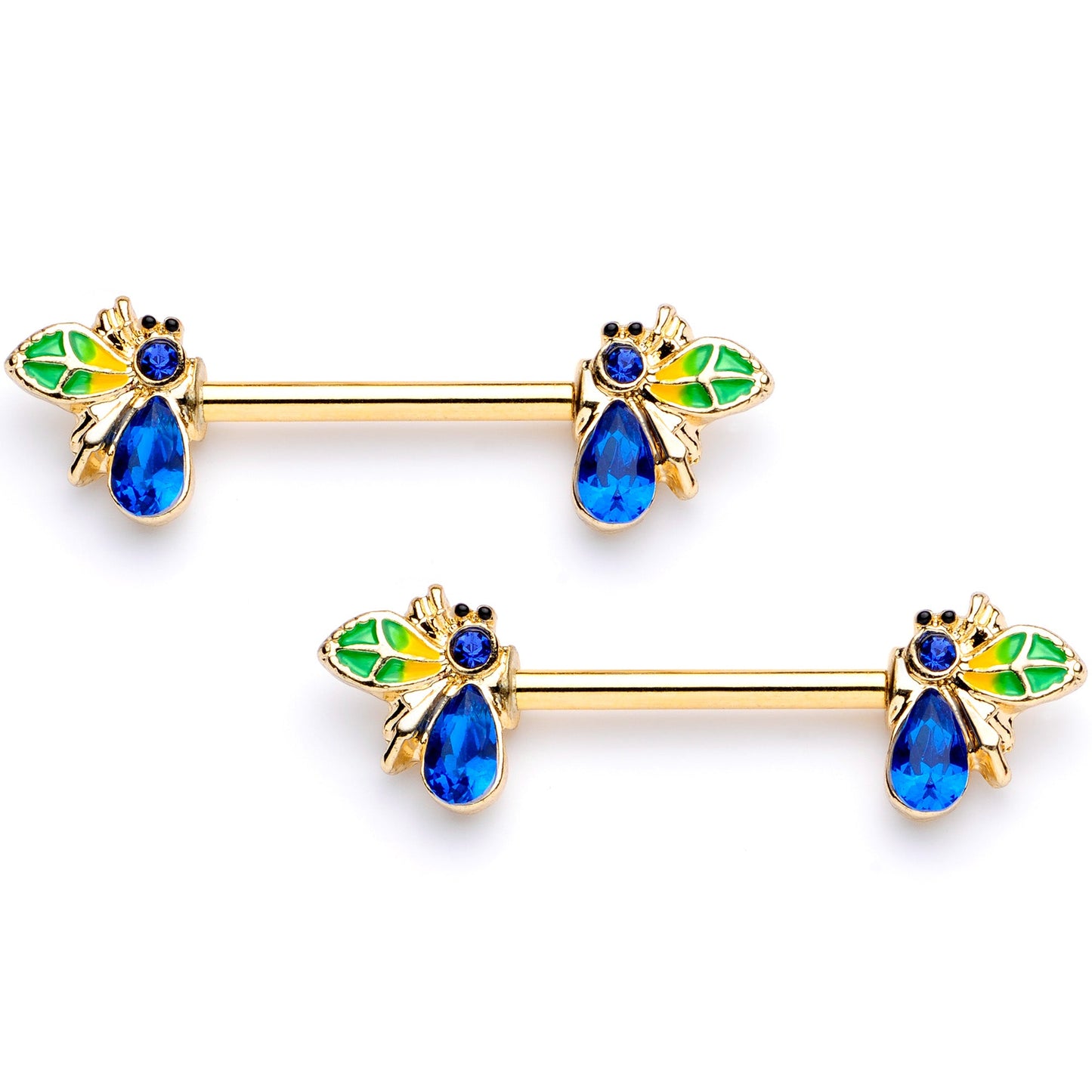 14 Gauge 9/16 Blue Gem Gold Tone Colorful Bee Barbell Nipple Ring Set