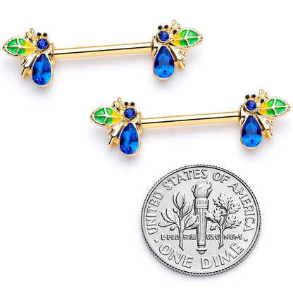 14 Gauge 9/16 Blue Gem Gold Tone Colorful Bee Barbell Nipple Ring Set