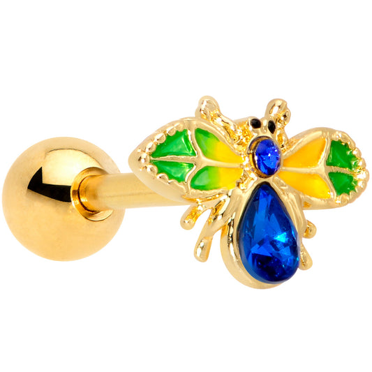 16 Gauge 1/4 Blue Gem Gold Tone Colorful Bee Cartilage Tragus Earring