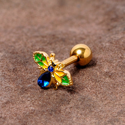16 Gauge 1/4 Blue Gem Gold Tone Colorful Bee Cartilage Tragus Earring