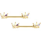 14 Gauge 9/16 Aurora Gem Gold Tone Crown Love Barbell Nipple Ring Set