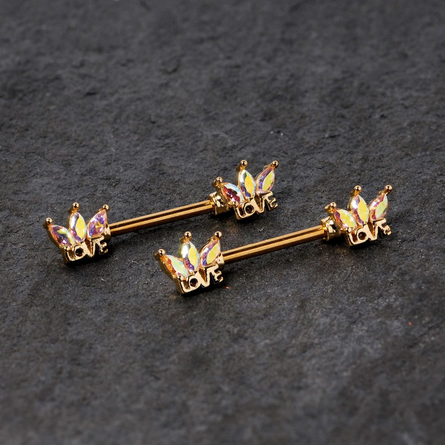 14 Gauge 9/16 Aurora Gem Gold Tone Crown Love Barbell Nipple Ring Set