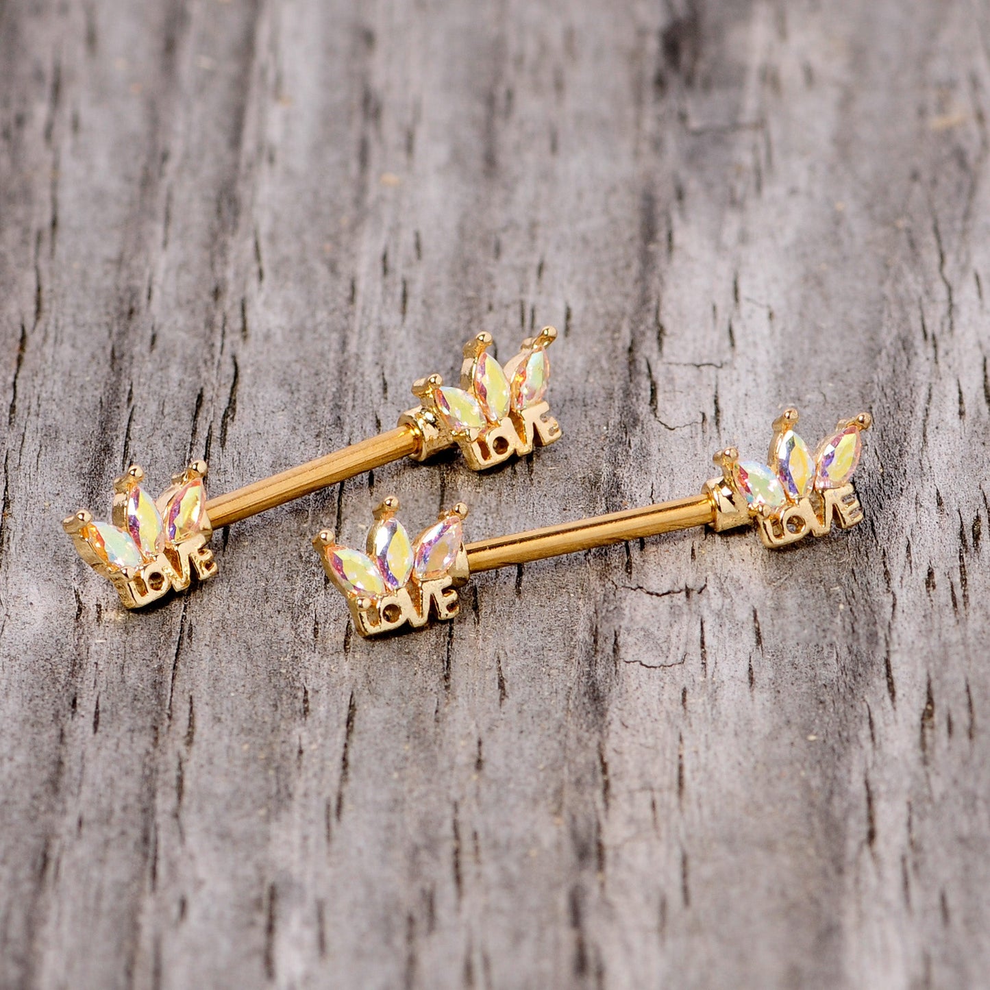 14 Gauge 9/16 Aurora Gem Gold Tone Crown Love Barbell Nipple Ring Set