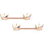 14 Gauge 9/16 Aurora Gem Rose Gold Tone Love Crown Barbell Nipple Ring Set