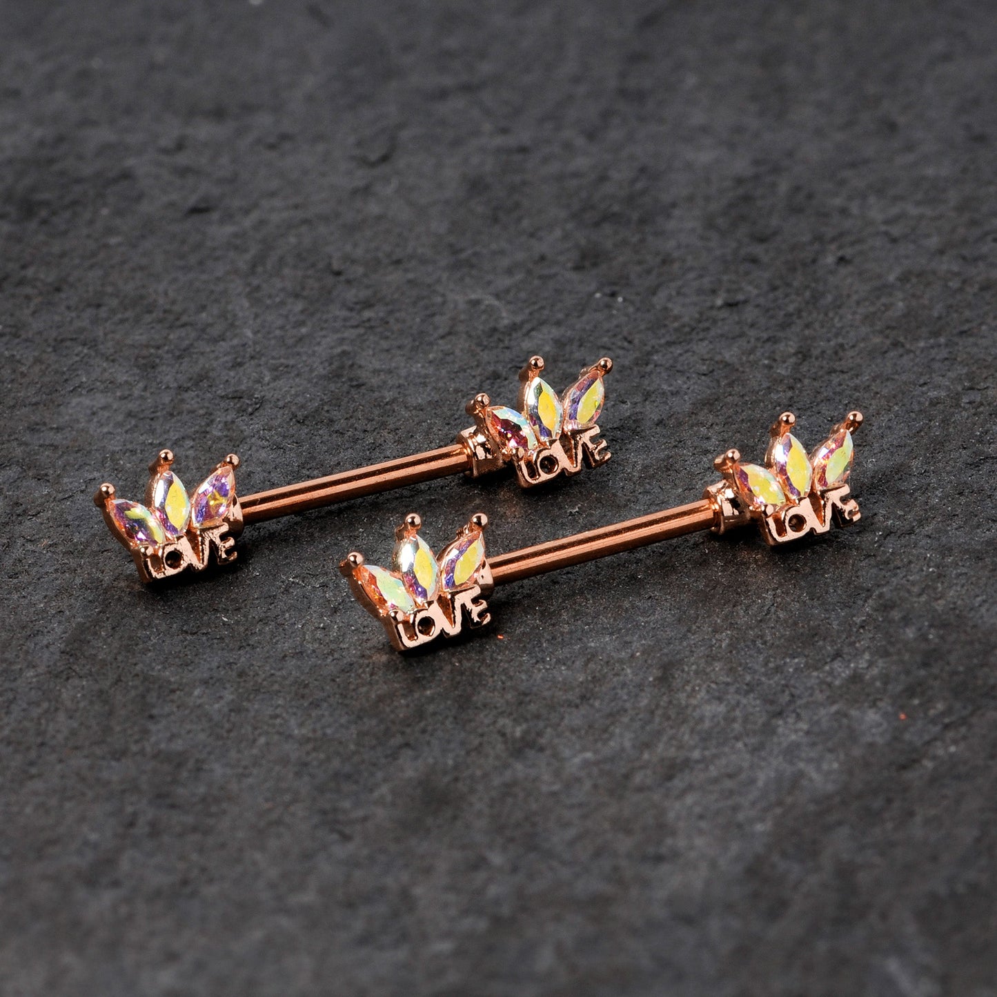 14 Gauge 9/16 Aurora Gem Rose Gold Tone Love Crown Barbell Nipple Ring Set