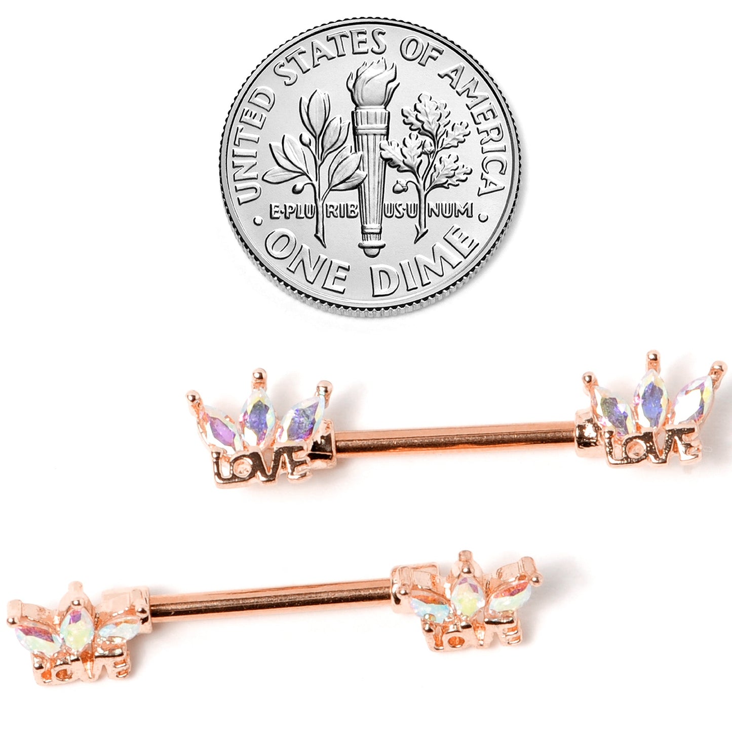 14 Gauge 9/16 Aurora Gem Rose Gold Tone Love Crown Barbell Nipple Ring Set