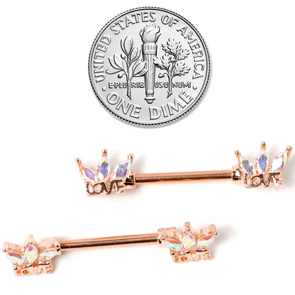 14 Gauge 9/16 Aurora Gem Rose Gold Tone Love Crown Barbell Nipple Ring Set