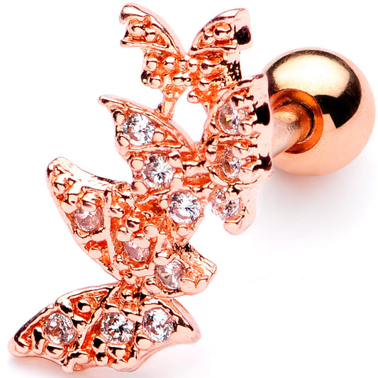 16 Gauge 1/4 Clear CZ Gem Rose Gold Tone Butterfly Trio Cartilage Tragus