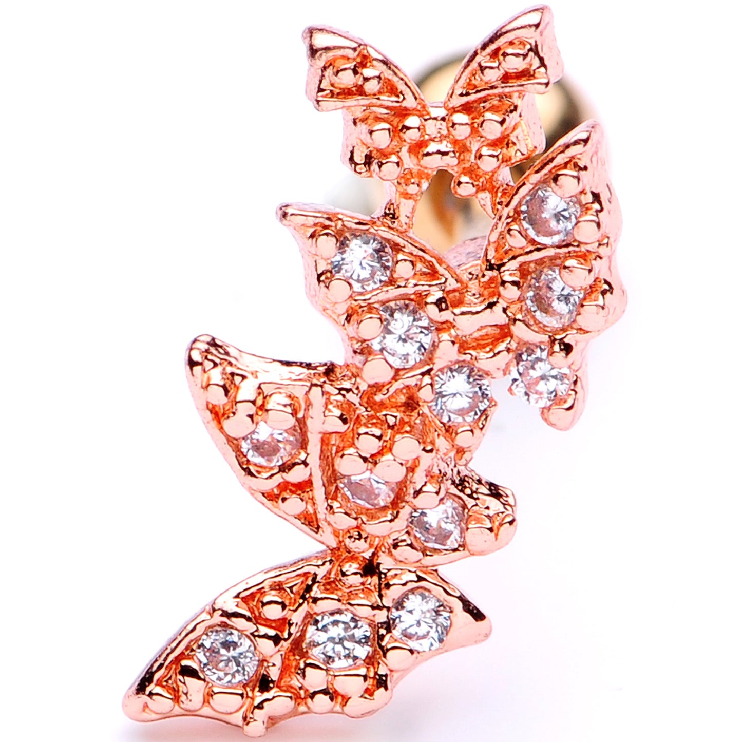 16 Gauge 1/4 Clear CZ Gem Rose Gold Tone Butterfly Trio Cartilage Tragus