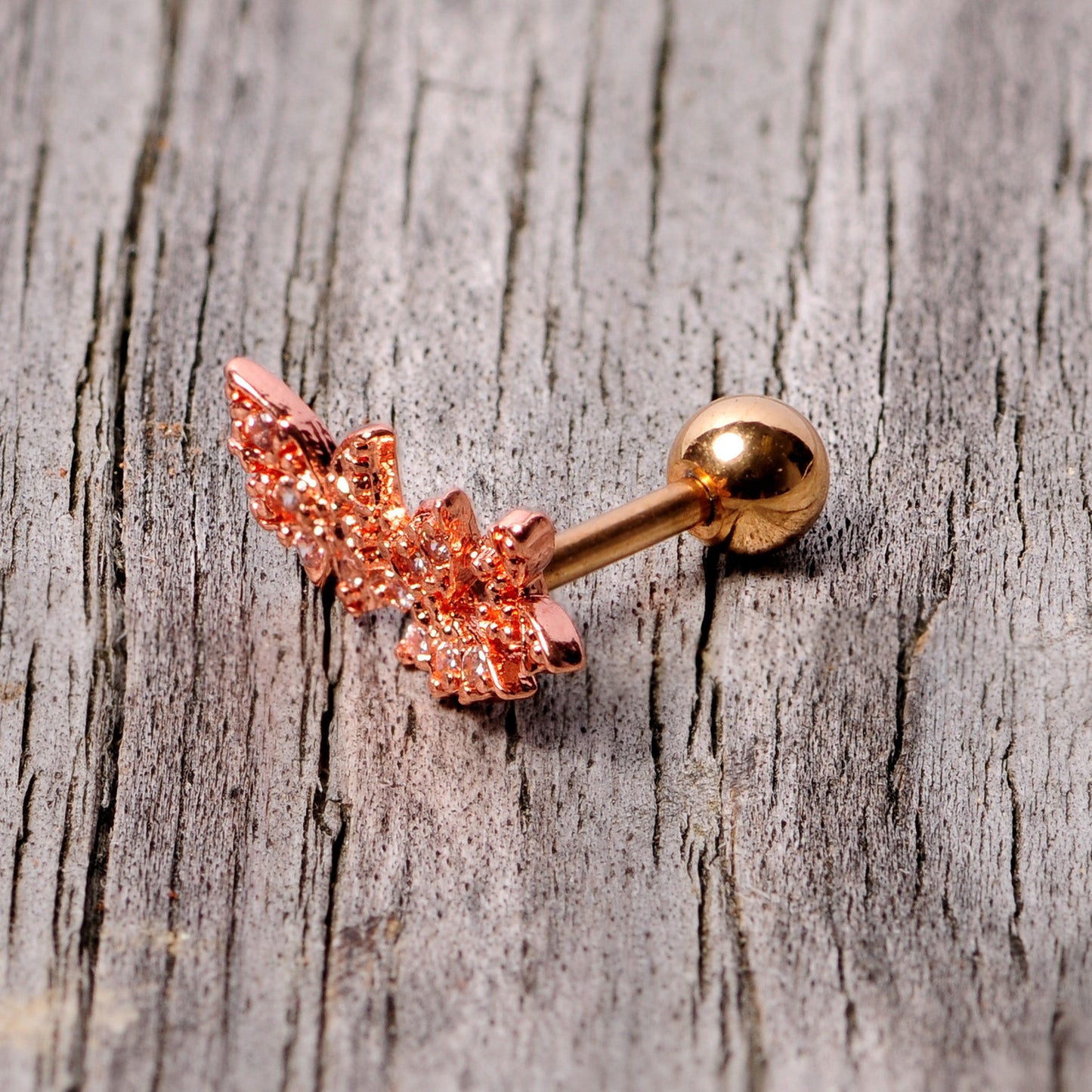 16 Gauge 1/4 Clear CZ Gem Rose Gold Tone Butterfly Trio Cartilage Tragus